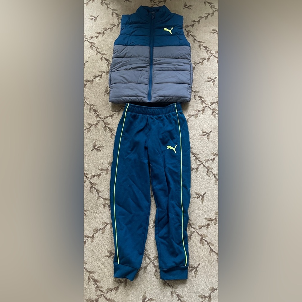 Puma Blue and Gray Puffer Vest and Sweatpants Set